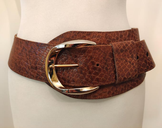 80's Vintage Wide Brown Real Leather Belt With Golden Buckle by Rudolf Rosner