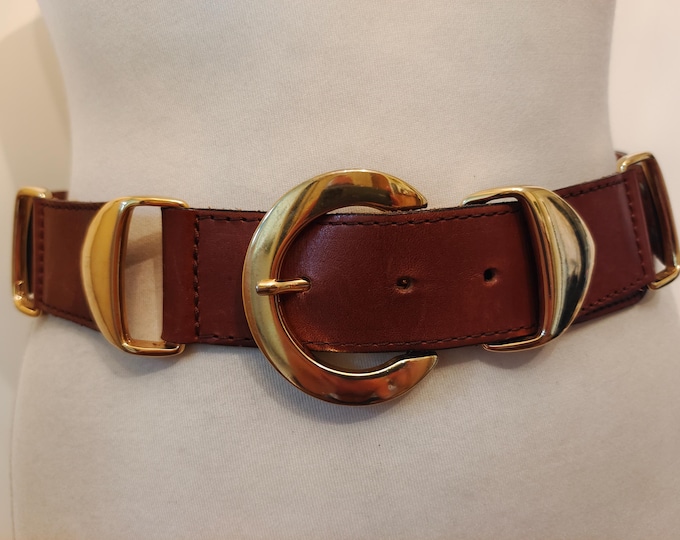 90's Vintage Brown Real Leather Belt With Golden Metal Elements by La Salamandra Made in Italy