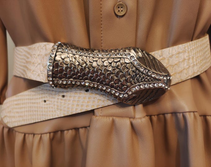 Real Leather Cream Belt With Silver Metal Gems Snake Buckle Made in Italy