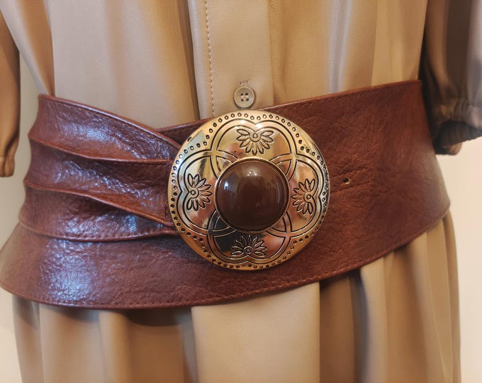 Wide Brown Faux Leather Belt With Metal Buckle