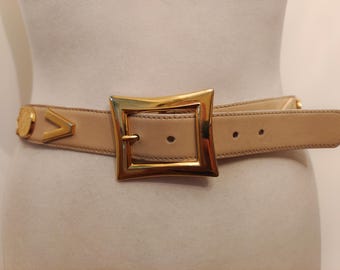 Vintage Escada Leather Belt: 80s Beige & Golden Metal, Made in Germany