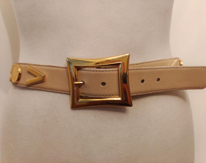 80's Vintage Beige Real Leather Belt With Golden Metal Elements by Escada Made in Western Germany