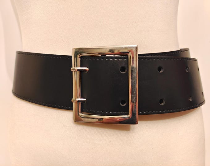 90's Vintage Black Faux Leather Double Prong Belt With Silver Metal Buckle by Etam