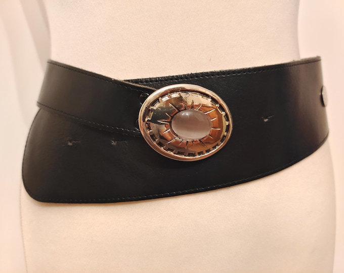 Wide Black Real Leather Vintage 80's Belt Made in France