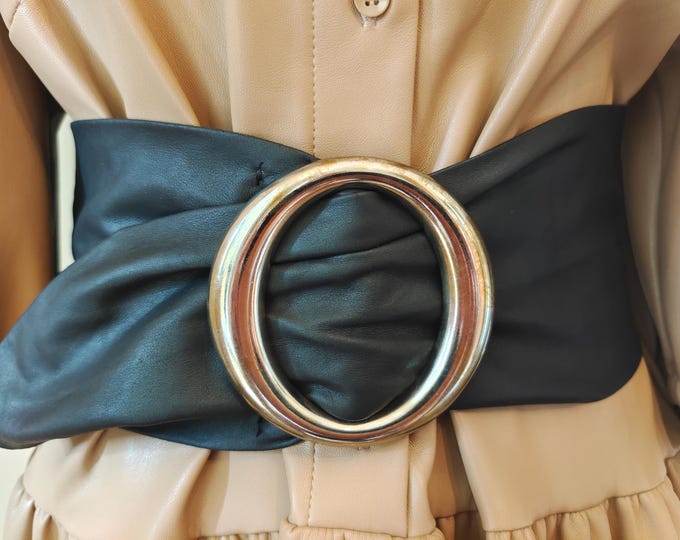 90's Vintage Extra Wide Black Real Leather Adjustable Belt With Golden Metal Buckle