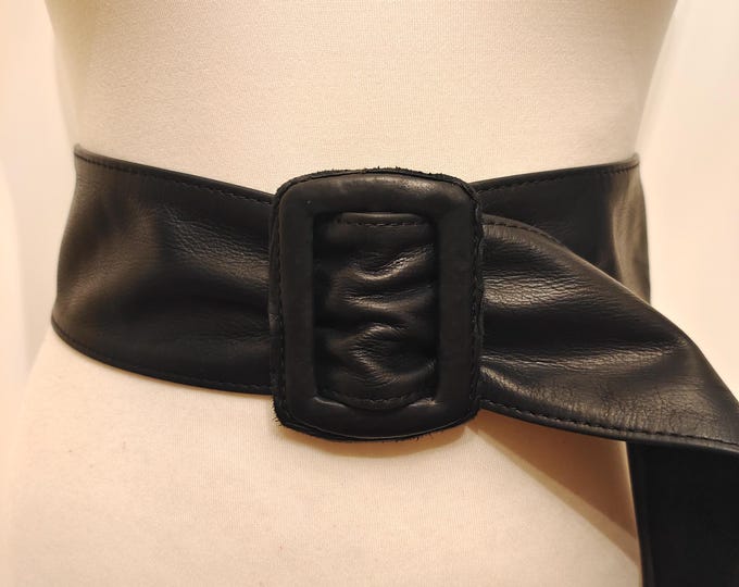 90's Vintage Wide Black Real Leather Adjustable Belt