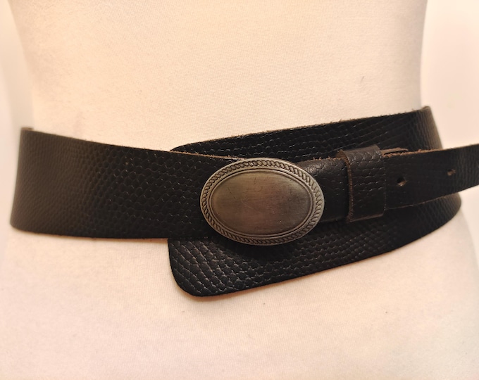 Wide Black Real Leather Belt With Silver Metal Buckle