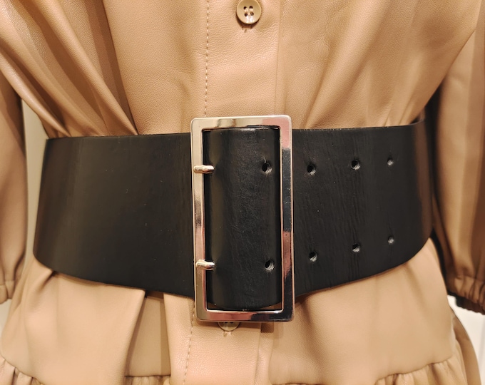 Wide Black Faux Leather Belt With Silver Metal Buckle by H&M