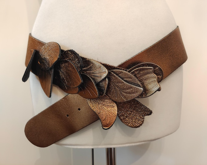 Wide Golden Real Leather Belt With Leather Leaves Buckle Made in Italy