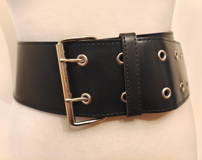 80's Vintage Wide Black Faux Leather Double Prong Belt Made in France