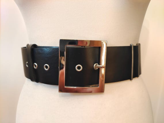 Extra Long Wide Black Faux Leather Heavy Metal Belt - Etsy display picture 3