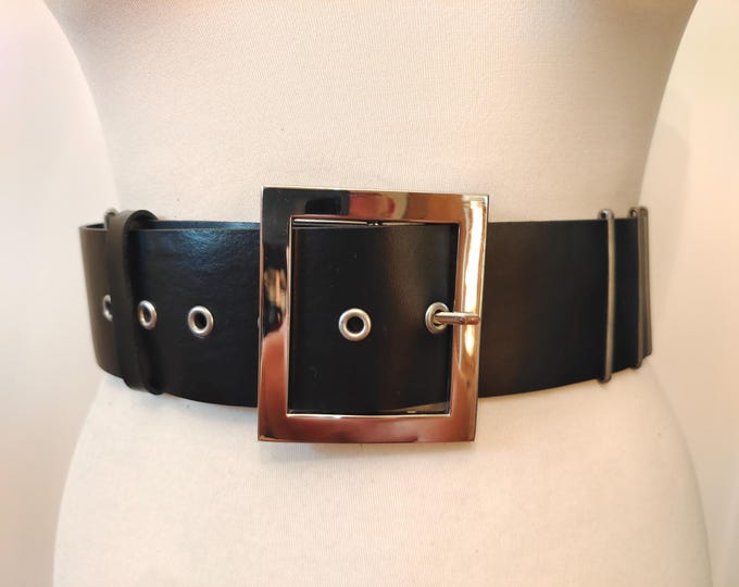 Extra Long Wide Black Faux Leather Heavy Metal Belt