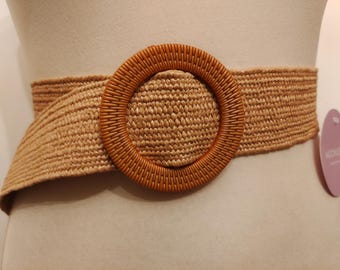 Wide Woven Vegan Brown Adjustable Belt With Ring Buckle Made in Italy