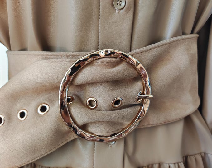 Extra Wide Fabric Taupe Belt With Golden Metal Buckle