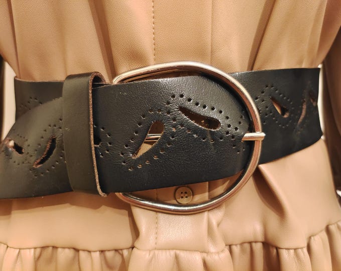 80's Vintage Black Real Leather Belt With Big Silver Metal Buckle