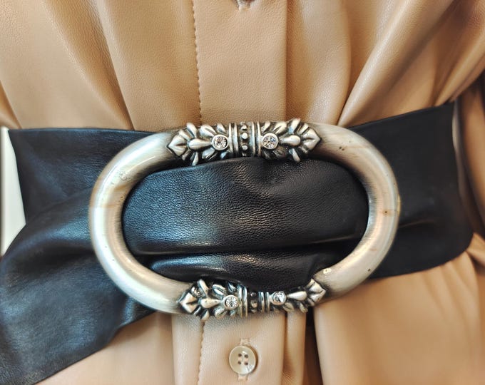 90's Vintage Wide Black Real Leather Adjustable Belt With Big Silver Metal Buckle