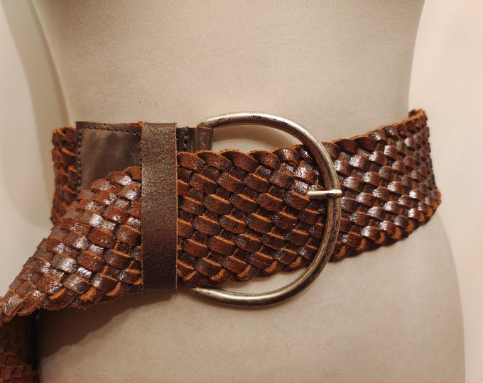 Wide Silver & Brown Real Leather Woven Adjustable Belt With Silver Buckle