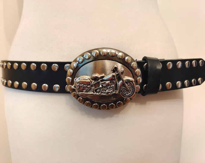 Black Real Leather Studded Belt With Silver Metal Moto Buckle