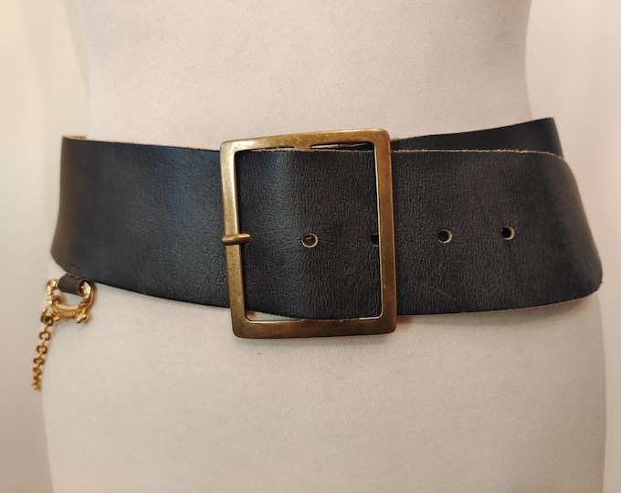 90's Vintage Wide Black Real Leather Belt With Golden Chains by Diesel Made in Italy