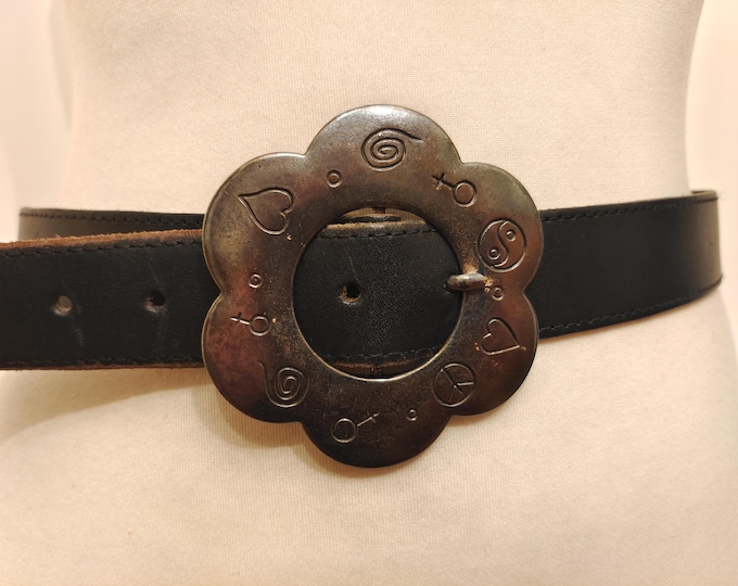 90's Vintage Black Real Leather Belt With Silver Metal Buckle Made in France