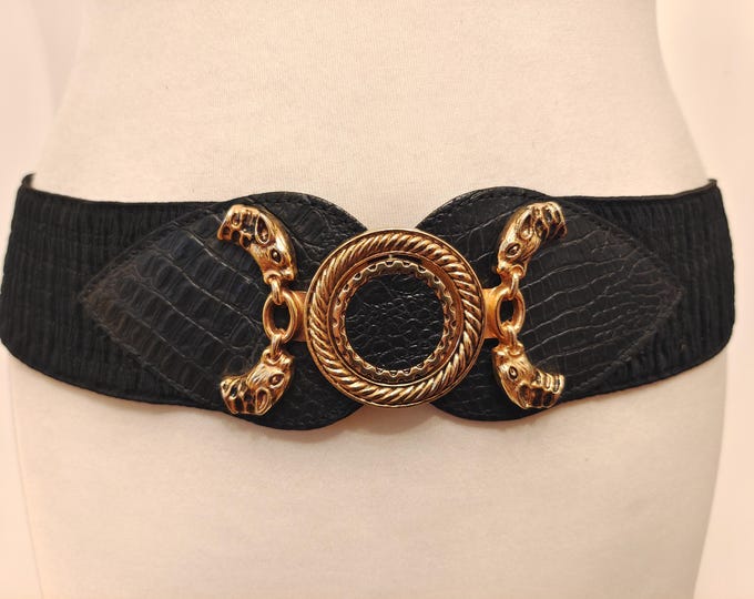 80's Vintage Wide Black Elastic Belt With Golden Metal Buckle