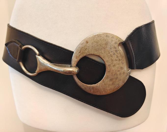 90's Vintage Black Real Leather Belt With Big Silver Metal Buckle by Bernd Gotz Made in Germany