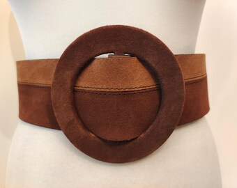 Wide Brown Real Leather Adjustable Belt With Big Round Buckle by ZARA Made in Spain