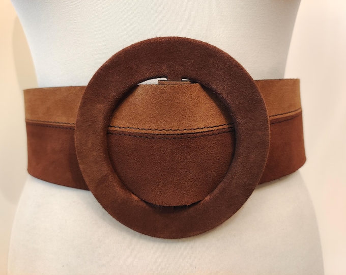 Wide Brown Real Leather Adjustable Belt With Big Round Buckle by ZARA Made in Spain