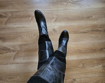 Vintage Black Leather and Suede Patchwork Low Heel Western Boots BRONX