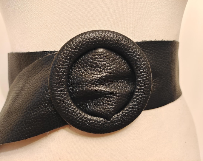 Wide Black Real Leather Adjustable Belt by Venezia Made in Italy