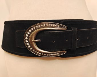 Wide Black Faux Suede Leather Belt With Gems Buckle