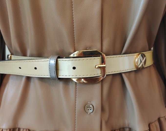90's Vintage Faux Leather Belt With Golden Metal Elements