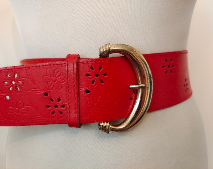 80's Vintage Wide Red Real Leather Belt With Golden Metal Buckle