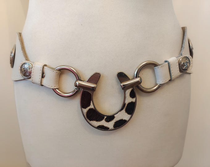 80's Vintage White Wide Real Leather Belt With Metal Horseshoe Buckle