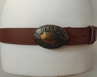 Boho Style Long Brown Leather Belt With Massive Buckle by TCM