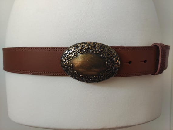Boho Style Long Brown Leather Belt With Massive Buckle by  display picture 1