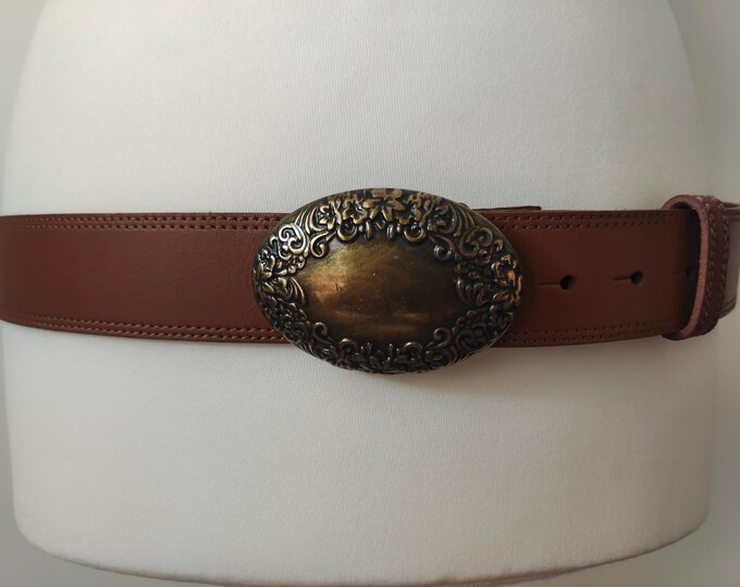 Boho Style Long Brown Leather Belt With Massive Buckle by TCM