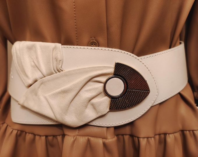 90's Vintage Wide White Real Leather Belt