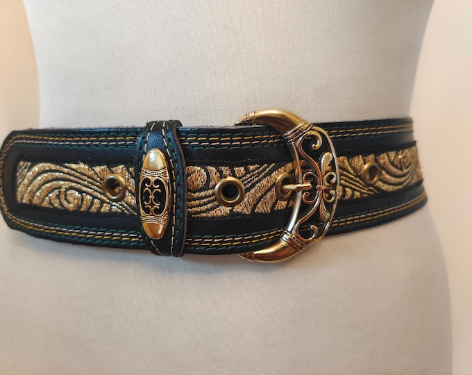 80's Vintage Golden Real Leather Belt With Golden Metal Buckle