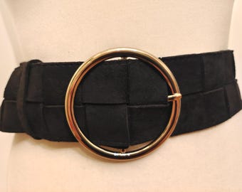 Made in USA Black Suede and Elastic Women’s Belt with Gold Braided Buckle XZQTIVE Women Wide Chunky Belt for Dresses Fashion Thick  main image 4
