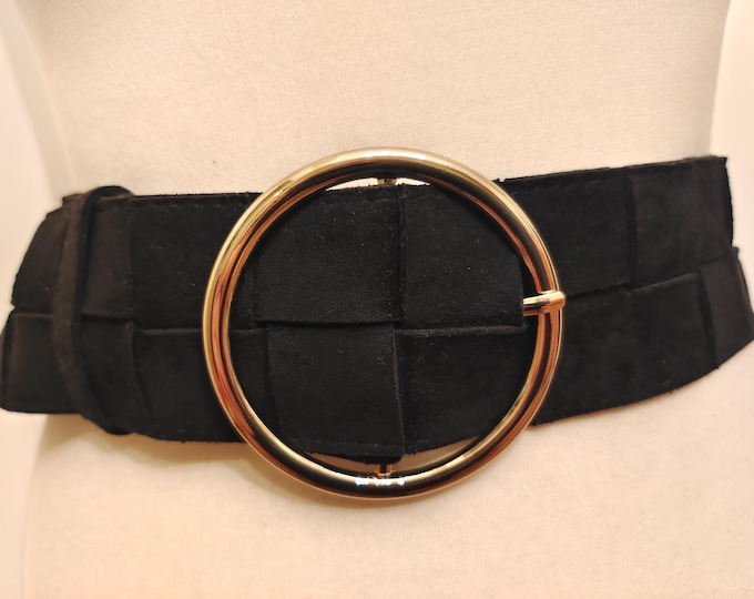 Wide Black Faux Suede Adjustable Belt With Ring Golden Buckle