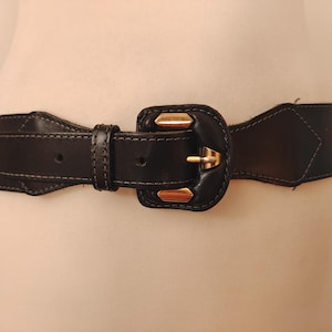Wide Black Real Leather Vintage 80&#39;s Belt With Golden Leather Buckle