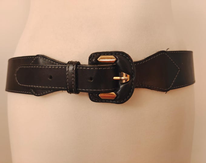 Wide Black Real Leather Vintage 80's Belt With Golden Leather Buckle