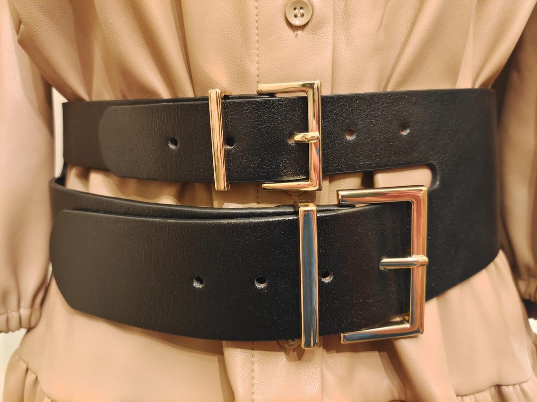 Extra Wide Black Real Leather Belt With Two Golden Metal 