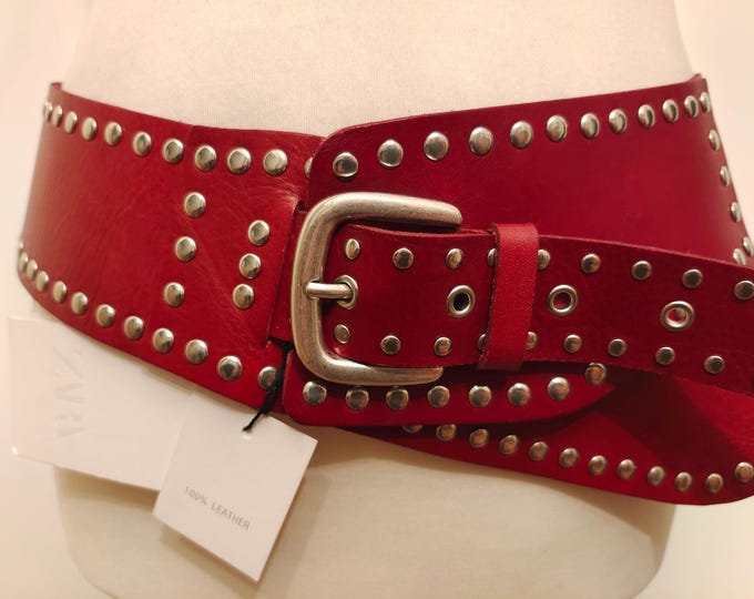 Extra Wide Red Real Leather Studded Belt by ZARA