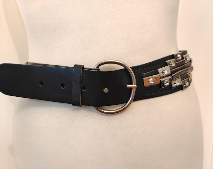 90's Vintage Black Real Leather Metal Gems Belt