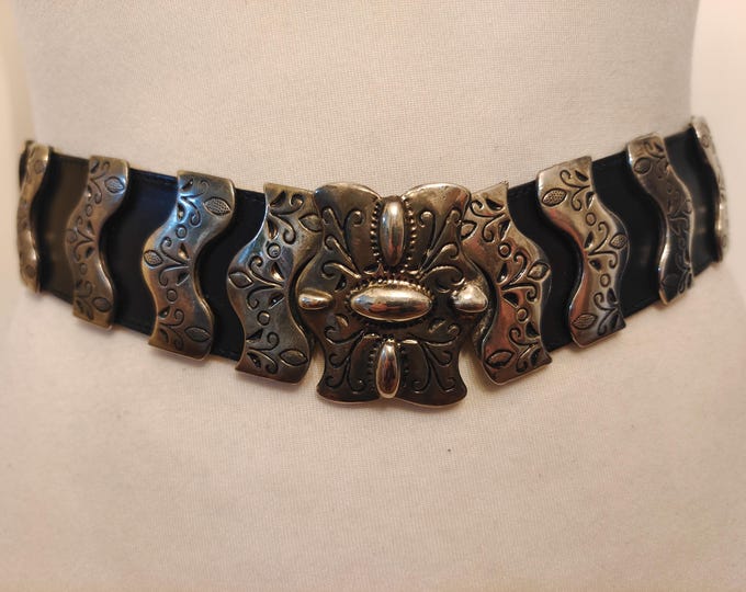 80's Vintage Black Real Leather Belt With Silver Metal Elements by St. Michael Made in Italy