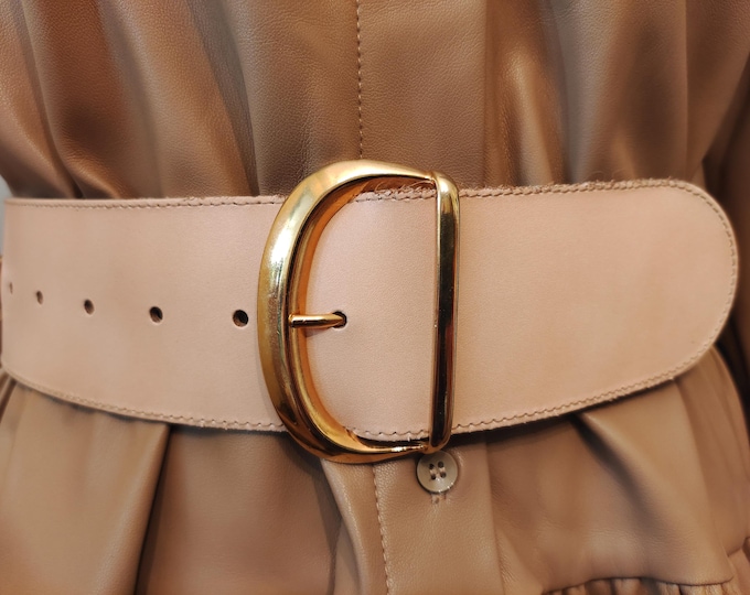 80's Vintage Wide Salmon Color Real Leather Belt With Golden Metal Buckle