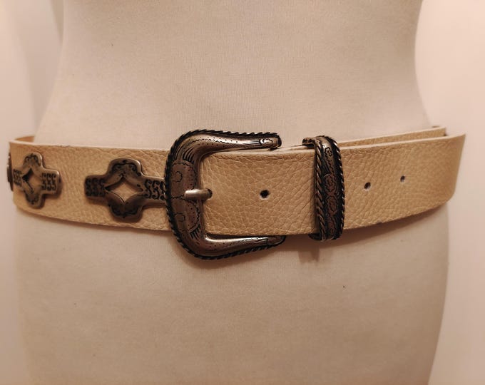 Beige Real Leather Belt With Silver Metal Elements by Berge Made in Italy