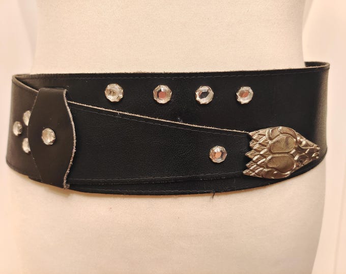 80's Vintage Wide Black Real Leather Belt With Metal Snake Buckle
